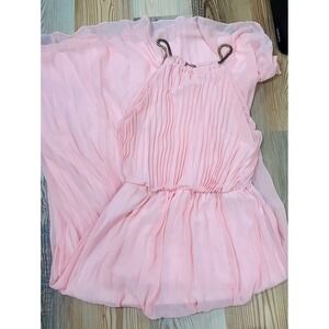 Persun Pink Pleated Fairy Maxi Dress Gold Chain Halter Neck XL Formal Gown